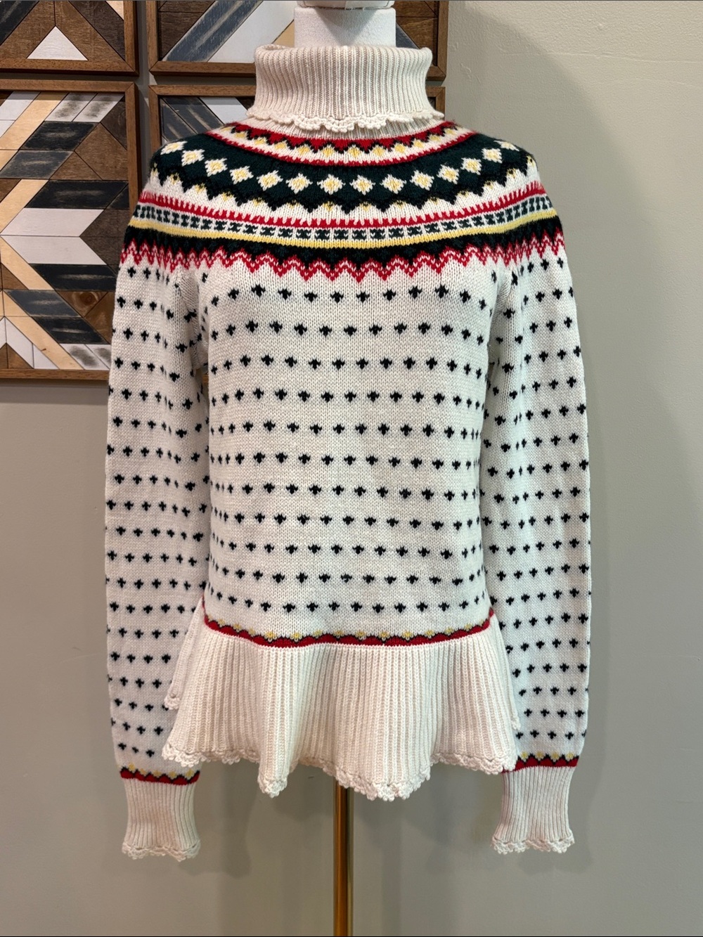 Vintage Ralph Lauren Y2K Fair Isle Wool Cashmere Ruffle Turtleneck Sweater Large